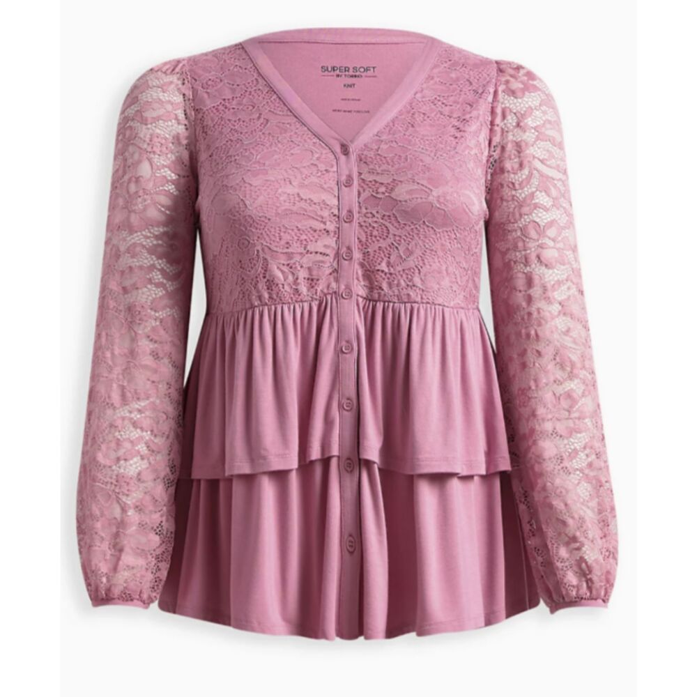 Torrid Pink Long Sleeve Lace Trimmed Button Front Tiered Top Plus 2X